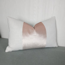 Load image into Gallery viewer, Blush Pink Pillow Cover with White Panels Color Block Tri-Panel High Sheen Velvet 13x20 14x22 14x30 14x36 MADE TO ORDER
