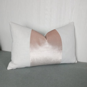 Blush Pink Pillow Cover with White Panels Color Block Tri-Panel High Sheen Velvet 13x20 14x22 14x30 14x36 MADE TO ORDER