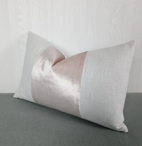 Blush Pink Pillow Cover with White Panels Color Block Tri-Panel High Sheen Velvet 13x20 14x22 14x30 14x36 MADE TO ORDER