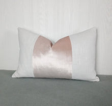 Load image into Gallery viewer, Blush Pink Pillow Cover with White Panels Color Block Tri-Panel High Sheen Velvet 13x20 14x22 14x30 14x36 MADE TO ORDER
