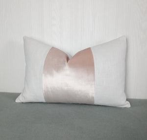 Blush Pink Pillow Cover with White Panels Color Block Tri-Panel High Sheen Velvet 13x20 14x22 14x30 14x36 MADE TO ORDER