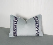 Load image into Gallery viewer, Light Blue Pillow Cover Velvet with Greek Key Trim FREE PIPING 18x18 20x20 22x22 24x24 13X20 14X22 14x30 16x26
