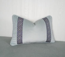 Load image into Gallery viewer, Light Blue Pillow Cover Velvet with Greek Key Trim FREE PIPING 18x18 20x20 22x22 24x24 13X20 14X22 14x30 16x26
