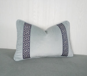 Light Blue Pillow Cover Velvet with Greek Key Trim FREE PIPING 18x18 20x20 22x22 24x24 13X20 14X22 14x30 16x26