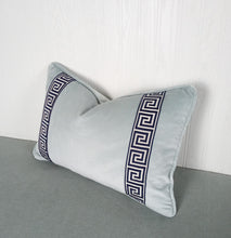 Load image into Gallery viewer, Light Blue Pillow Cover Velvet with Greek Key Trim FREE PIPING 18x18 20x20 22x22 24x24 13X20 14X22 14x30 16x26
