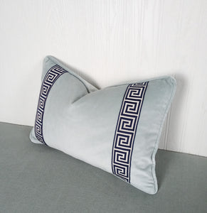 Light Blue Pillow Cover Velvet with Greek Key Trim FREE PIPING 18x18 20x20 22x22 24x24 13X20 14X22 14x30 16x26