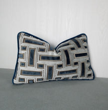 Load image into Gallery viewer, Blue Geometric Pillow Cover Cut Velvet FREE PIPING 13x20 14x22
