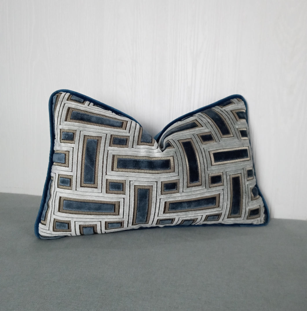 Blue Geometric Pillow Cover Cut Velvet FREE PIPING 13x20 14x22