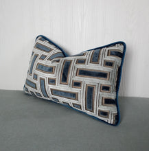 Load image into Gallery viewer, Blue Geometric Pillow Cover Cut Velvet FREE PIPING 13x20 14x22
