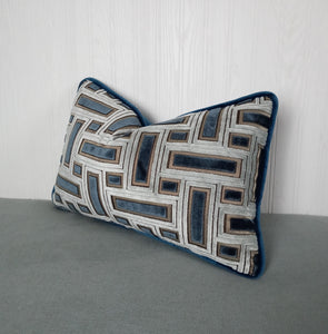 Blue Geometric Pillow Cover Cut Velvet FREE PIPING 13x20 14x22