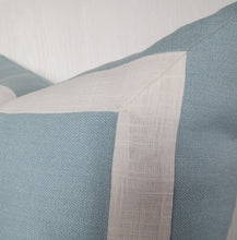 Load image into Gallery viewer, Light Blue Pillow Cover with Ivory Mitered Band 18x18 20x20 22x22 24x24 26x26 MADE TO ORDER
