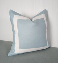 Load image into Gallery viewer, Light Blue Pillow Cover with Ivory Mitered Band 18x18 20x20 22x22 24x24 26x26 MADE TO ORDER
