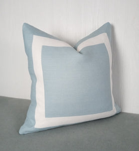 Light Blue Pillow Cover with Ivory Mitered Band 18x18 20x20 22x22 24x24 26x26 MADE TO ORDER