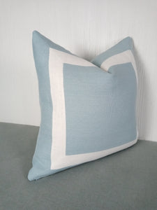 Light Blue Pillow Cover with Ivory Mitered Band 18x18 20x20 22x22 24x24 26x26 MADE TO ORDER