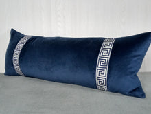 Load image into Gallery viewer, Navy Blue Pillow Cover with Greek Key Trim FREE PIPING 13X20 14X22 14X30 14X36
