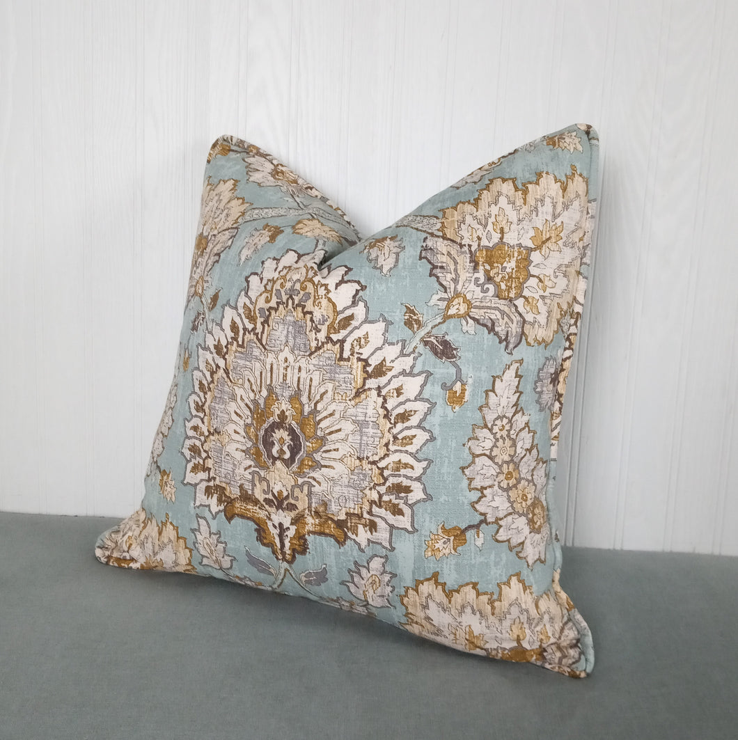 Light Blue Pillow Cover Duck Egg Jacobian Floral FREE PIPING 18x18 20x20 22x22 24x24 26x26 13x20 14x22 Made To Order