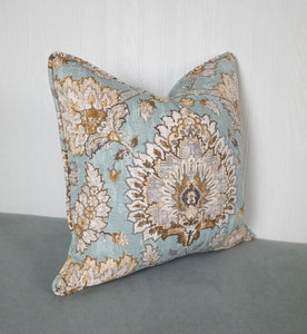 Light Blue Pillow Cover Duck Egg Jacobian Floral FREE PIPING 18x18 20x20 22x22 24x24 26x26 13x20 14x22 Made To Order