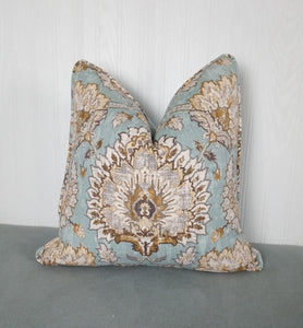 Light Blue Pillow Cover Duck Egg Jacobian Floral FREE PIPING 18x18 20x20 22x22 24x24 26x26 13x20 14x22 Made To Order