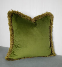 Load image into Gallery viewer, Green Pillow Cover Olive Velvet with Multi-colored Fringe 22x22&quot;
