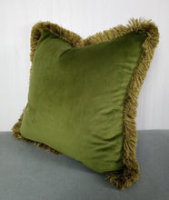 Load image into Gallery viewer, Green Pillow Cover Olive Velvet with Multi-colored Fringe 22x22&quot;
