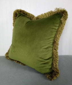 Green Pillow Cover Olive Velvet with Multi-colored Fringe 22x22"