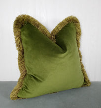 Load image into Gallery viewer, Green Pillow Cover Olive Velvet with Multi-colored Fringe 22x22&quot;
