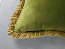 Load image into Gallery viewer, Green Pillow Cover Olive Velvet with Multi-colored Fringe 22x22&quot;
