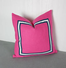 Load image into Gallery viewer, Pink Pillow Cover with Navy Blue White Mitered Band 20x20 22x22 24x24 MADE TO ORDER
