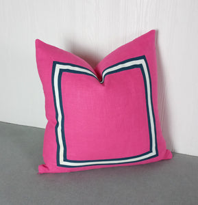 Pink Pillow Cover with Navy Blue White Mitered Band 20x20 22x22 24x24 MADE TO ORDER