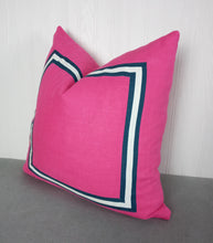 Load image into Gallery viewer, Pink Pillow Cover with Navy Blue White Mitered Band 20x20 22x22 24x24 MADE TO ORDER
