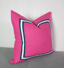 Load image into Gallery viewer, Pink Pillow Cover with Navy Blue White Mitered Band 20x20 22x22 24x24 MADE TO ORDER
