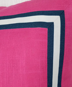 Pink Pillow Cover with Navy Blue White Mitered Band 20x20 22x22 24x24 MADE TO ORDER