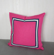 Load image into Gallery viewer, Pink Pillow Cover with Navy Blue White Mitered Band 20x20 22x22 24x24 MADE TO ORDER
