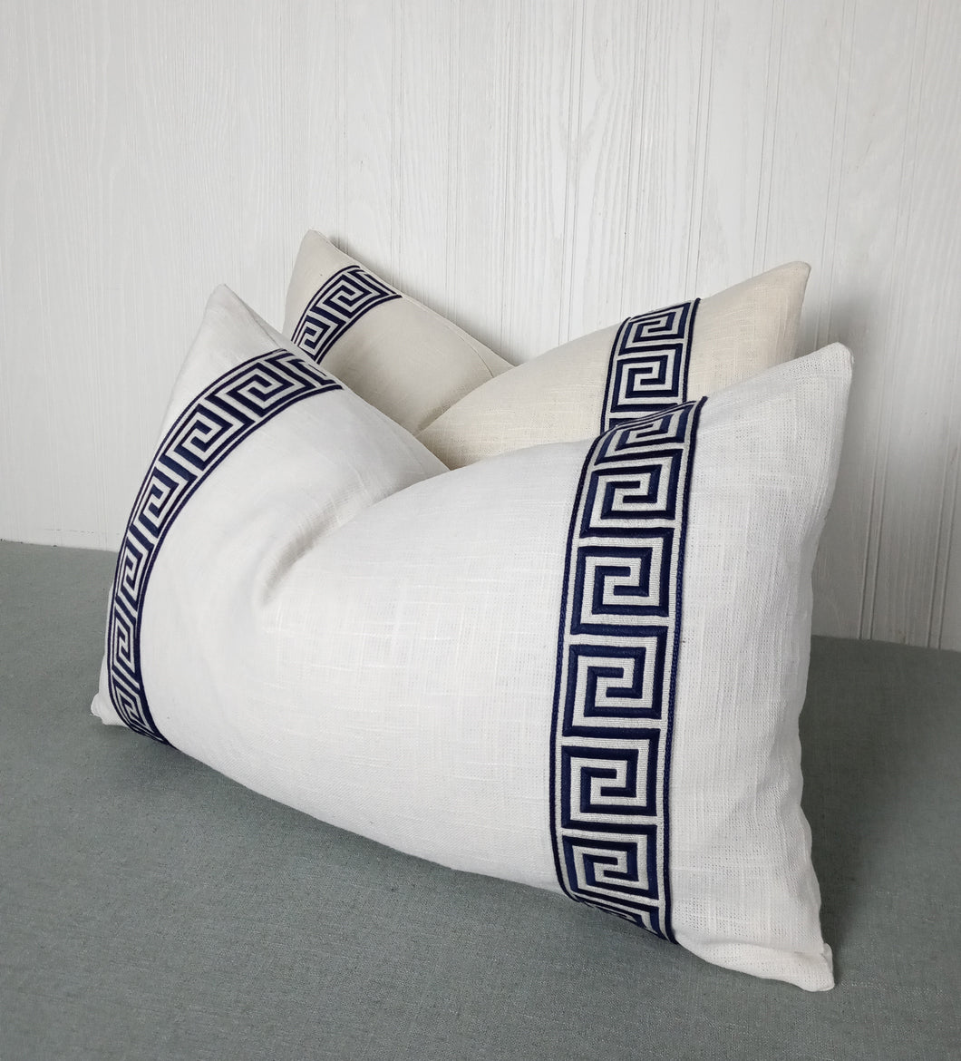 White Pillow Cover Linen Rayon with Greek Key Trim Detail FREE PIPING 13x20 14x22 14x30 14x36 Lumbar Made To Order