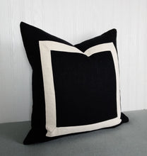 Load image into Gallery viewer, Black and Ivory Pillow Cover with Mitered Band Linen Rayon 18x18 20x20 22x22 24x24 26x26
