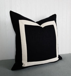 Black and Ivory Pillow Cover with Mitered Band Linen Rayon 18x18 20x20 22x22 24x24 26x26